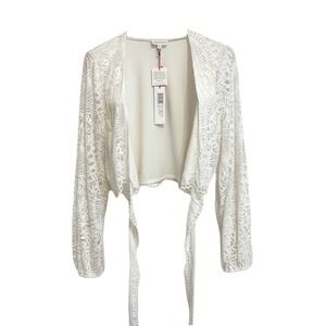 Boho Alexandra Miro Tabitha Tie Top White Lace Balloon Sleeve Resort M NEW